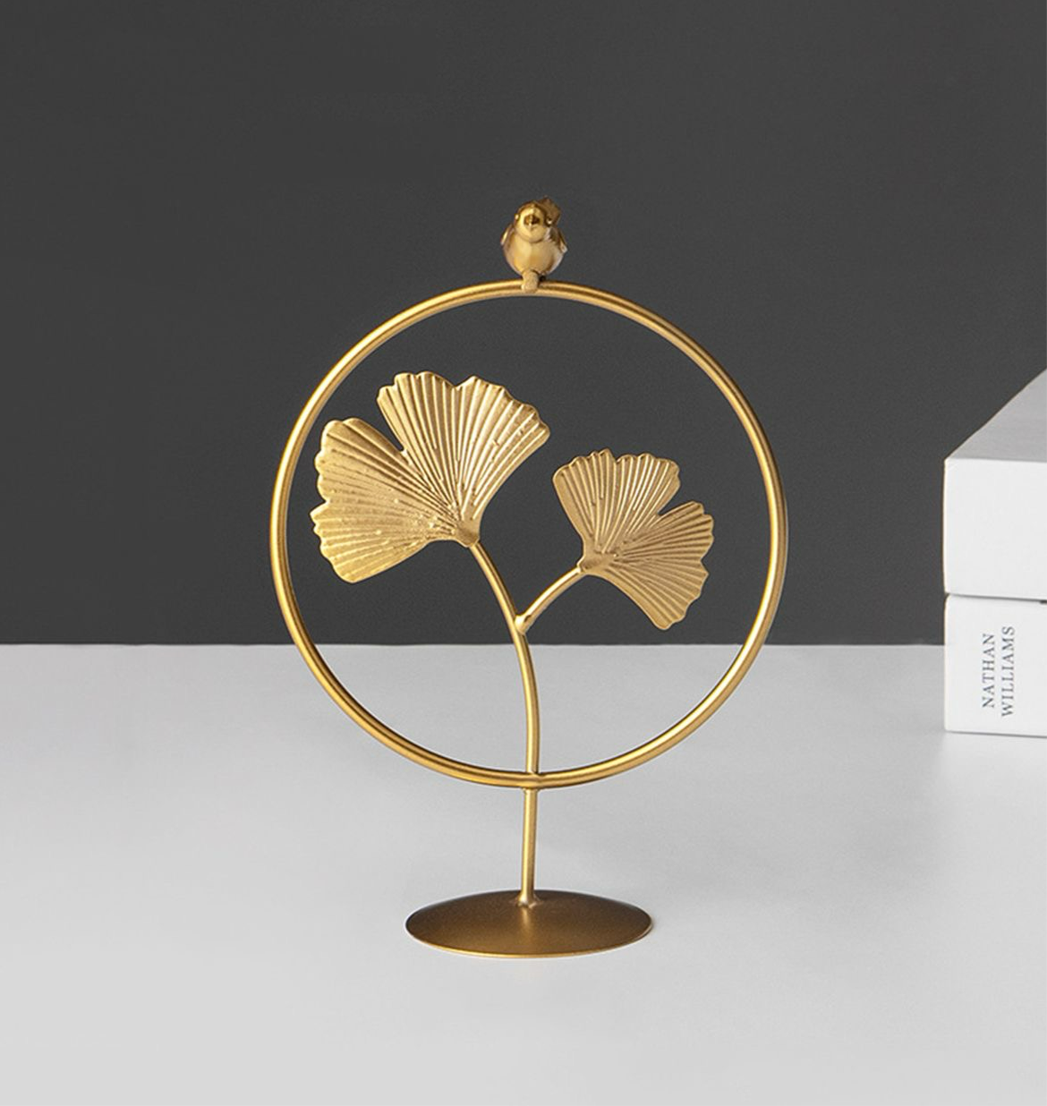 Metal Leaf Statue Ginkgo Biloba With Gold Bird