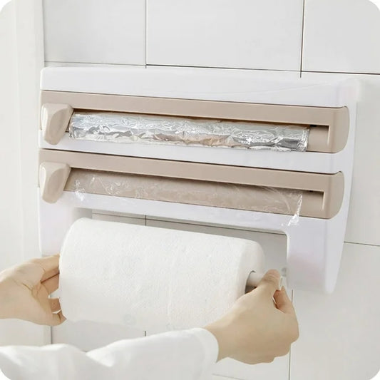 Multi-functional Shelf Organizer Cling Film Storage Rack Wrap Cutting Wall Hanging Paper Towel Holder - Kitchen Accessories