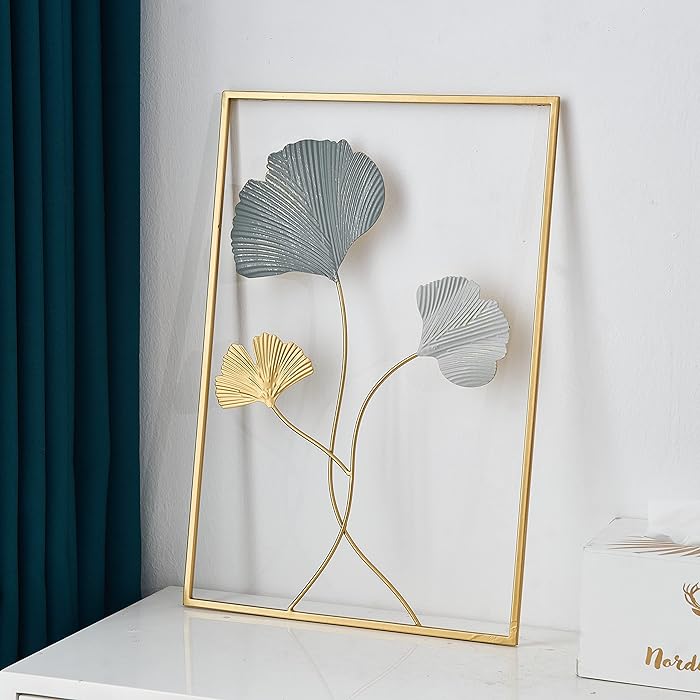 Ginkgo Leaf Metal Wall Art, Blue & Gold Leaf with Frame - Wall Decor - e - Stylish