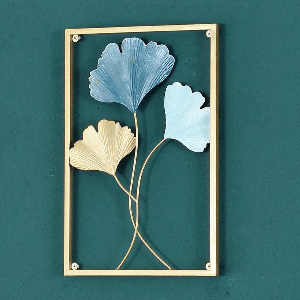 Ginkgo Leaf Metal Wall Art, Blue & Gold Leaf with Frame - Wall Decor - e - Stylish