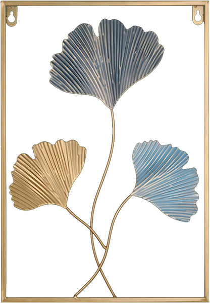 Ginkgo Leaf Metal Wall Art, Blue & Gold Leaf with Frame - Wall Decor - e - Stylish